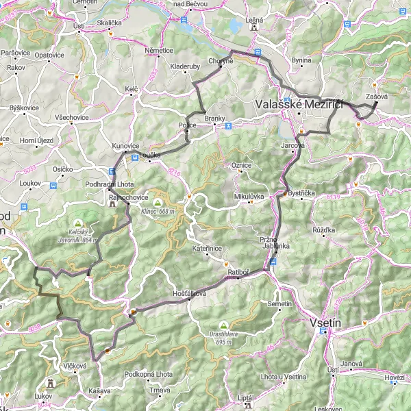 Miniaturní mapa "Silniční cyklotrasa kolem Březiny a Jablůnky" inspirace pro cyklisty v oblasti Střední Morava, Czech Republic. Vytvořeno pomocí plánovače tras Tarmacs.app