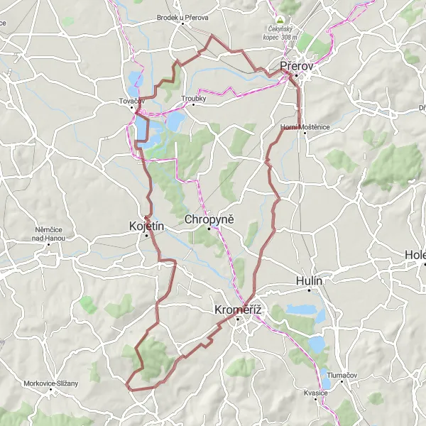 Miniaturní mapa "Gravelová trasa kolem Kroměříže" inspirace pro cyklisty v oblasti Střední Morava, Czech Republic. Vytvořeno pomocí plánovače tras Tarmacs.app