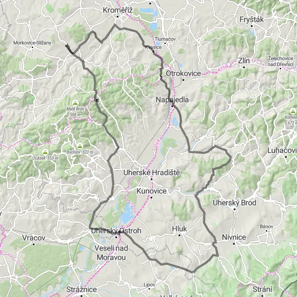 Mapa miniatúra "Cyklistická okružná cesta okolo Moravského Písku" cyklistická inšpirácia v Střední Morava, Czech Republic. Vygenerované cyklistickým plánovačom trás Tarmacs.app