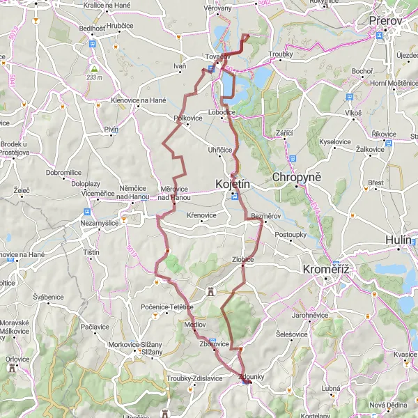 Map miniature of "Zdounky Round-Trip: Exploring Gravel Paths and Rural Landscapes" cycling inspiration in Střední Morava, Czech Republic. Generated by Tarmacs.app cycling route planner