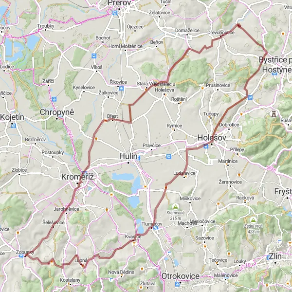 Mapa miniatúra "Kolo okolo Kurovic" cyklistická inšpirácia v Střední Morava, Czech Republic. Vygenerované cyklistickým plánovačom trás Tarmacs.app