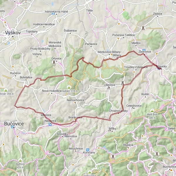 Miniatura mapy "Trasa Rozhledna Zdenička do Zdounky" - trasy rowerowej w Střední Morava, Czech Republic. Wygenerowane przez planer tras rowerowych Tarmacs.app