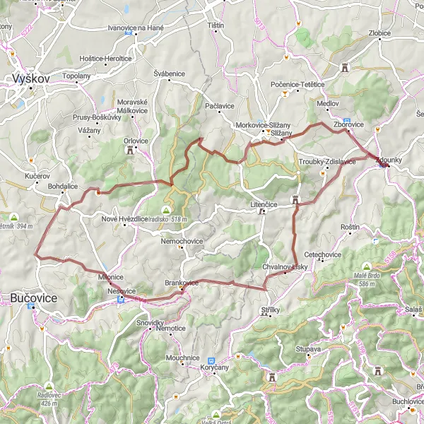 Mapa miniatúra "Zdounky - Rozhledna Zdenička - Klín - Zdounky" cyklistická inšpirácia v Střední Morava, Czech Republic. Vygenerované cyklistickým plánovačom trás Tarmacs.app