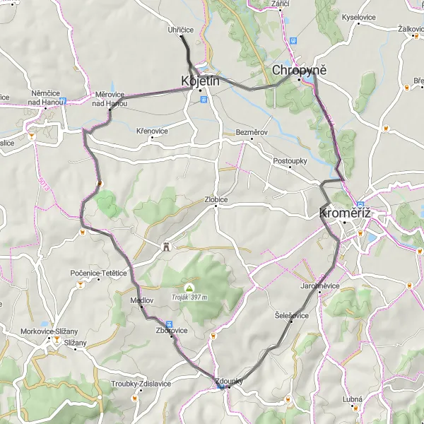 Mapa miniatúra "Zdounky - Zborovice - Uhřičice - Šelešovice - Zadní Čtvrtě" cyklistická inšpirácia v Střední Morava, Czech Republic. Vygenerované cyklistickým plánovačom trás Tarmacs.app