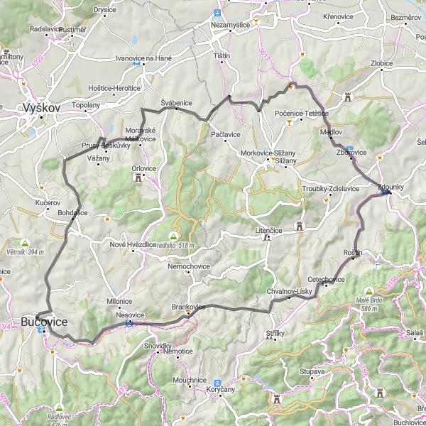 Mapa miniatúra "Okruh kolem Zdounek a okolí" cyklistická inšpirácia v Střední Morava, Czech Republic. Vygenerované cyklistickým plánovačom trás Tarmacs.app