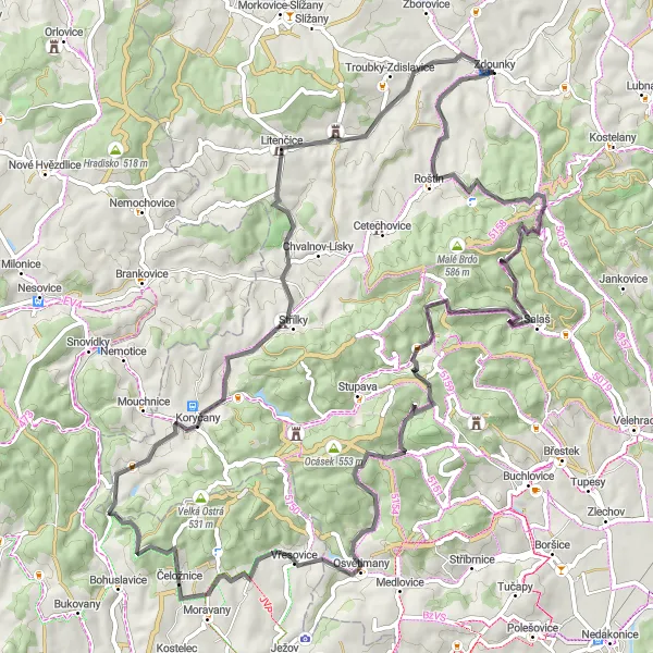 Map miniature of "Zdounky Round-Trip: Challenges and Adventures in the Highlands" cycling inspiration in Střední Morava, Czech Republic. Generated by Tarmacs.app cycling route planner