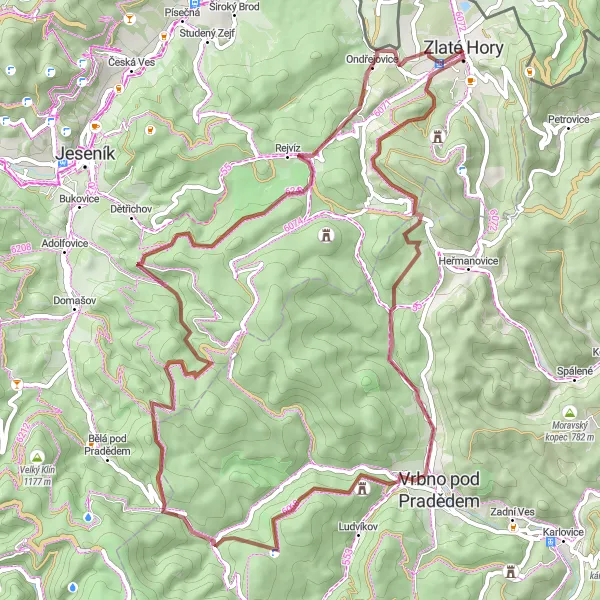 Karten-Miniaturansicht der Radinspiration "Abenteuerliche Erkundung der Natur um Zlaté Hory" in Střední Morava, Czech Republic. Erstellt vom Tarmacs.app-Routenplaner für Radtouren