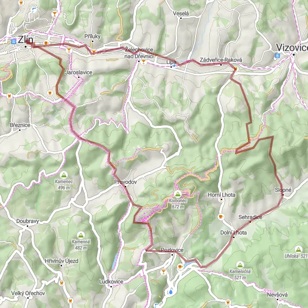 Miniaturní mapa "Gravelová cesta směrem k Zlínu" inspirace pro cyklisty v oblasti Střední Morava, Czech Republic. Vytvořeno pomocí plánovače tras Tarmacs.app