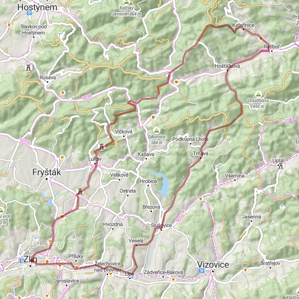Miniaturní mapa "Kolem zámků a skal v okolí Zlína" inspirace pro cyklisty v oblasti Střední Morava, Czech Republic. Vytvořeno pomocí plánovače tras Tarmacs.app