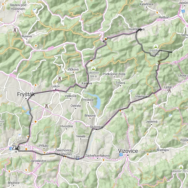 Miniaturní mapa "Okruh kolem Zlína" inspirace pro cyklisty v oblasti Střední Morava, Czech Republic. Vytvořeno pomocí plánovače tras Tarmacs.app