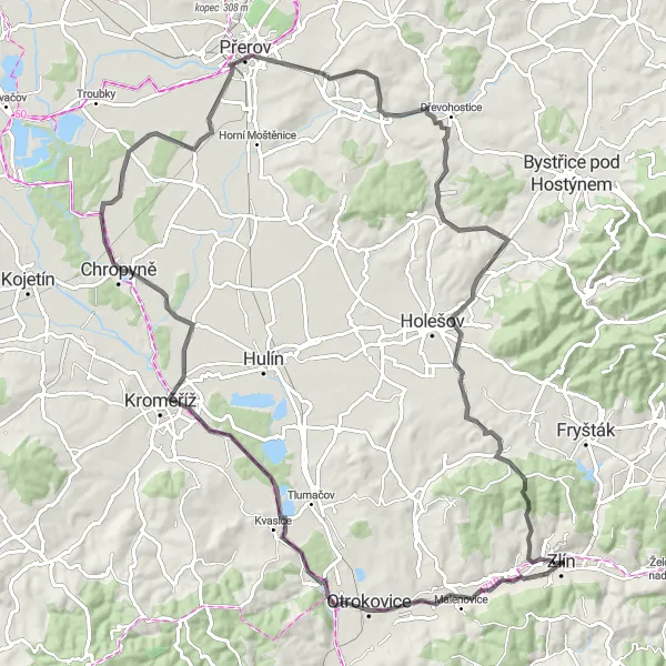 Mapa miniatúra "Cyklotrasa Zlín - Prusinovice" cyklistická inšpirácia v Střední Morava, Czech Republic. Vygenerované cyklistickým plánovačom trás Tarmacs.app