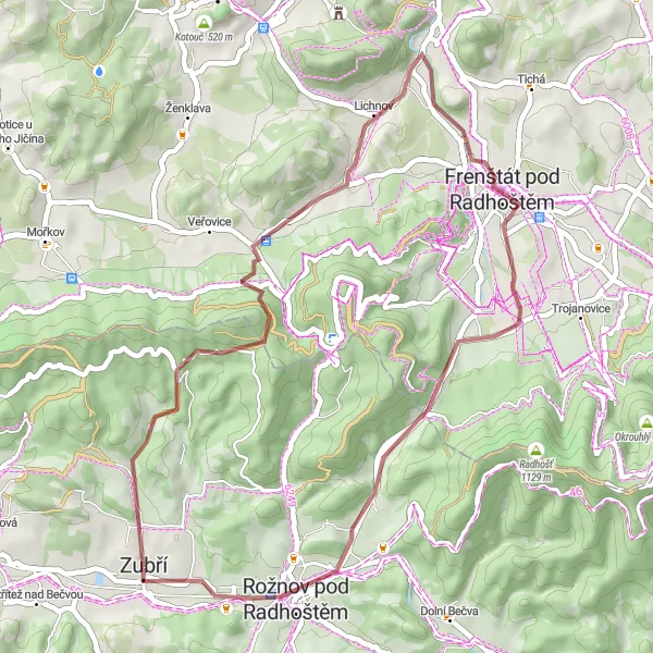 Miniaturní mapa "Výlet okolo Frenštátu pod Radhoštěm" inspirace pro cyklisty v oblasti Střední Morava, Czech Republic. Vytvořeno pomocí plánovače tras Tarmacs.app