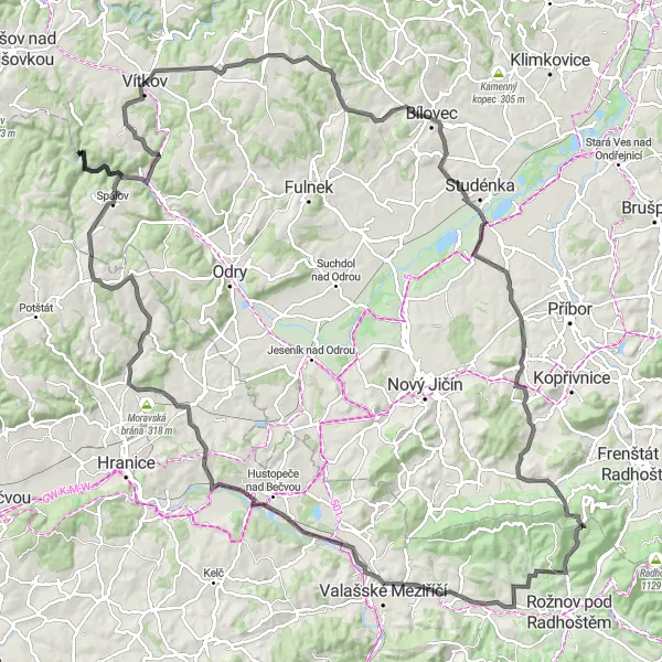 Map miniature of "Zubří Road Explorer" cycling inspiration in Střední Morava, Czech Republic. Generated by Tarmacs.app cycling route planner