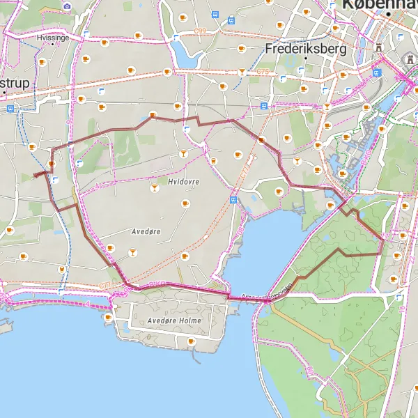 Map miniature of "Riverside Ride" cycling inspiration in Hovedstaden, Denmark. Generated by Tarmacs.app cycling route planner