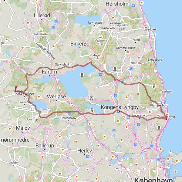 Map miniature of "Scenic Gravel Route around Charlottenlund" cycling inspiration in Hovedstaden, Denmark. Generated by Tarmacs.app cycling route planner