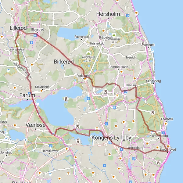 Map miniature of "Challenging Gravel Route through Forests and Hills" cycling inspiration in Hovedstaden, Denmark. Generated by Tarmacs.app cycling route planner