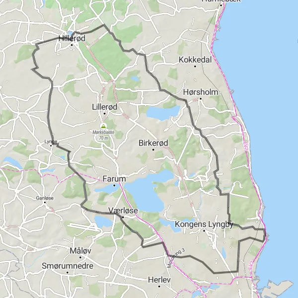 Map miniature of "Scenic Furesø Loop" cycling inspiration in Hovedstaden, Denmark. Generated by Tarmacs.app cycling route planner