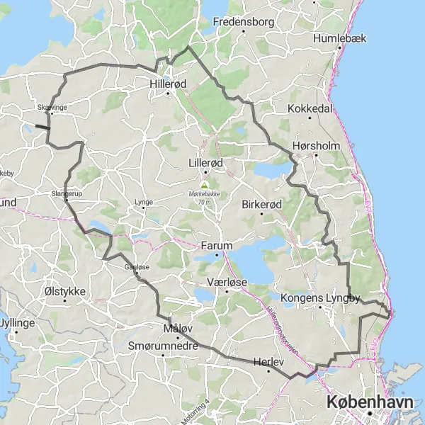 Map miniature of "Challenge Yourself on a Scenic Road Cycling Tour" cycling inspiration in Hovedstaden, Denmark. Generated by Tarmacs.app cycling route planner