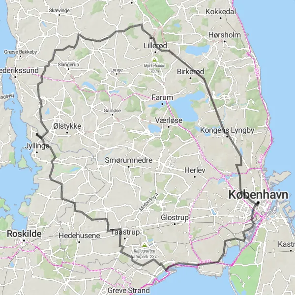 Map miniature of "City Center to Birkerød Adventure" cycling inspiration in Hovedstaden, Denmark. Generated by Tarmacs.app cycling route planner