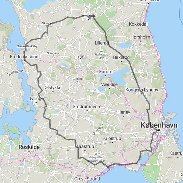Map miniature of "Copenhagen Castle Loop" cycling inspiration in Hovedstaden, Denmark. Generated by Tarmacs.app cycling route planner