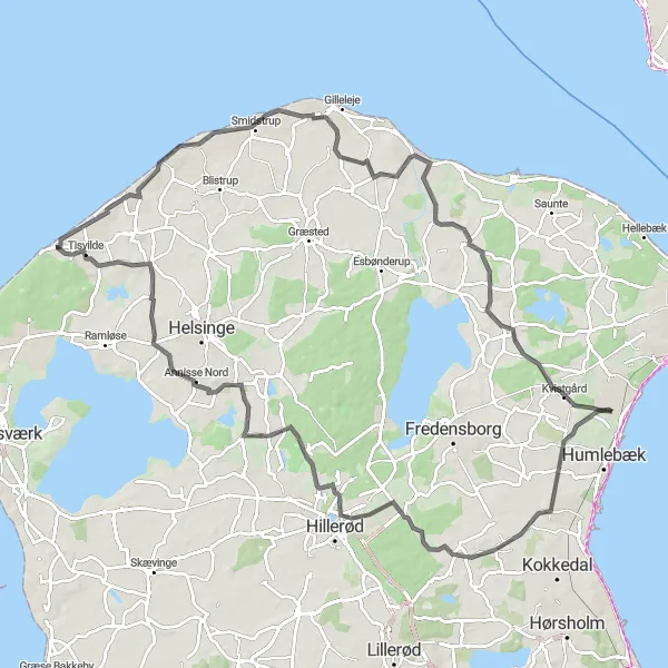 Miniaturekort af cykelinspirationen "Kongelige Slotte og Smukke Landskaber på Landevejen" i Hovedstaden, Denmark. Genereret af Tarmacs.app cykelruteplanlægger