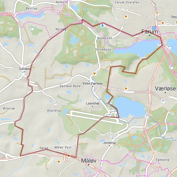 Map miniature of "Gravel Adventure from Farum to Ganløse" cycling inspiration in Hovedstaden, Denmark. Generated by Tarmacs.app cycling route planner
