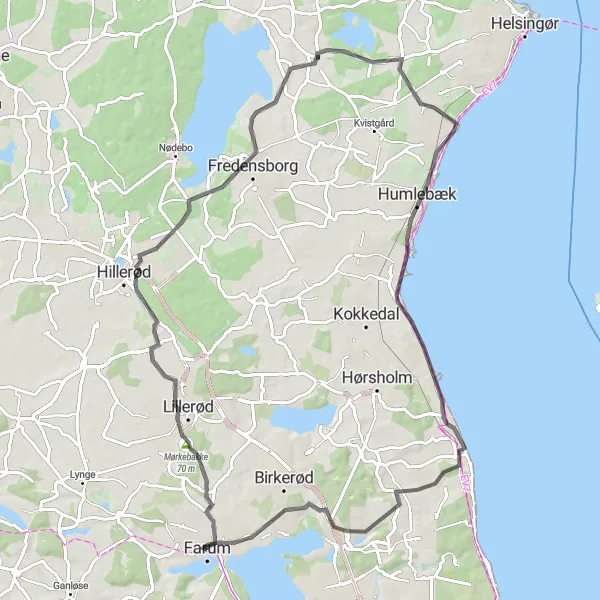 Map miniature of "Farum to Humlebæk Road Discovery" cycling inspiration in Hovedstaden, Denmark. Generated by Tarmacs.app cycling route planner