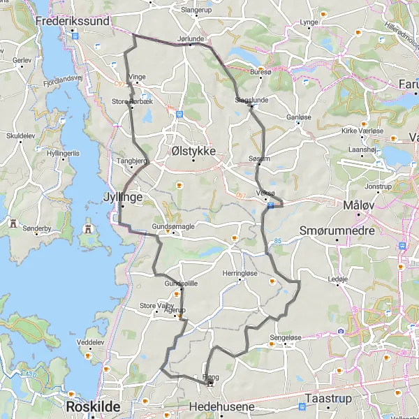 Map miniature of "The Jyllinge Adventure" cycling inspiration in Hovedstaden, Denmark. Generated by Tarmacs.app cycling route planner