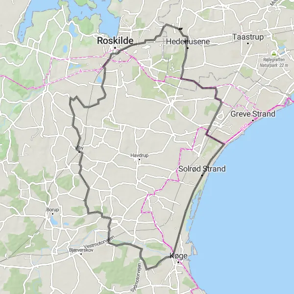 Map miniature of "The Coastal Discovery" cycling inspiration in Hovedstaden, Denmark. Generated by Tarmacs.app cycling route planner