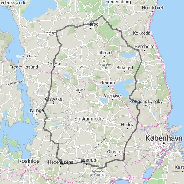 Map miniature of "Fløng to Hillerød Loop" cycling inspiration in Hovedstaden, Denmark. Generated by Tarmacs.app cycling route planner