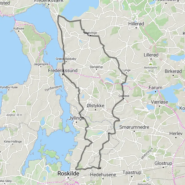 Map miniature of "The Lyngby Loop" cycling inspiration in Hovedstaden, Denmark. Generated by Tarmacs.app cycling route planner