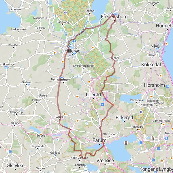 Map miniature of "Farum and Hillerød Gravel Adventure" cycling inspiration in Hovedstaden, Denmark. Generated by Tarmacs.app cycling route planner