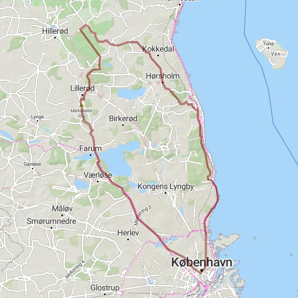 Map miniature of "Rosenborg Gravel" cycling inspiration in Hovedstaden, Denmark. Generated by Tarmacs.app cycling route planner