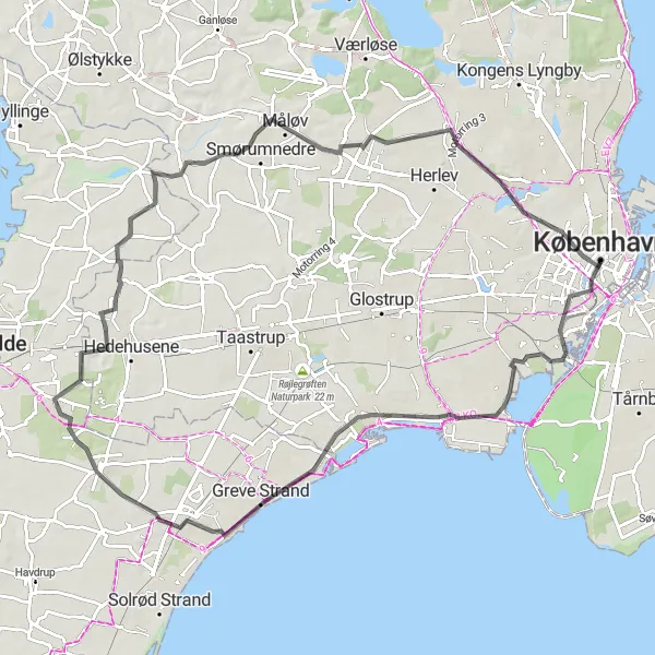Map miniature of "The Royal Heritage Ride" cycling inspiration in Hovedstaden, Denmark. Generated by Tarmacs.app cycling route planner
