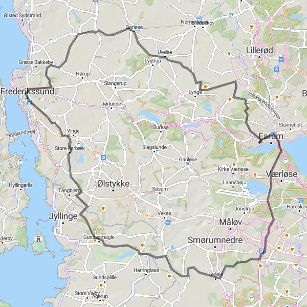 Map miniature of "Frederikssund to Store Rørbæk Road Cycling Route" cycling inspiration in Hovedstaden, Denmark. Generated by Tarmacs.app cycling route planner