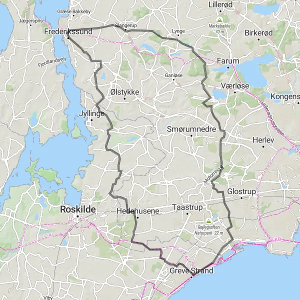 Map miniature of "Frederikssund and Beyond" cycling inspiration in Hovedstaden, Denmark. Generated by Tarmacs.app cycling route planner