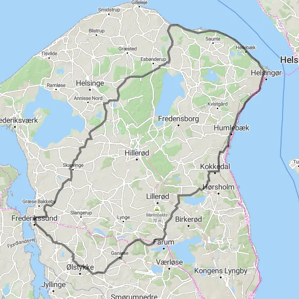 Miniaturekort af cykelinspirationen "123 km Rundtur til Elsinore og Humlebæk" i Hovedstaden, Denmark. Genereret af Tarmacs.app cykelruteplanlægger