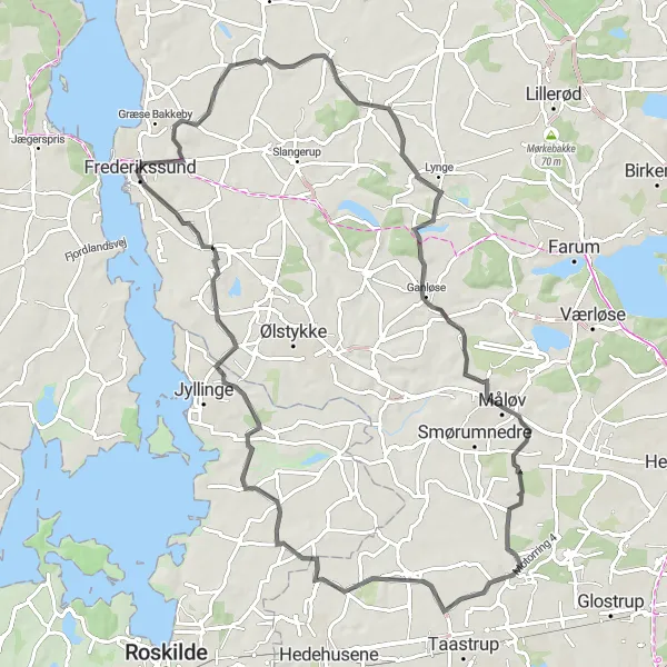 Map miniature of "Frederikssund to Vinge Road Cycling Route" cycling inspiration in Hovedstaden, Denmark. Generated by Tarmacs.app cycling route planner