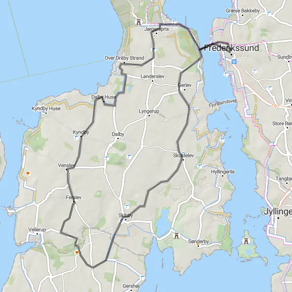 Map miniature of "Charming Villages" cycling inspiration in Hovedstaden, Denmark. Generated by Tarmacs.app cycling route planner