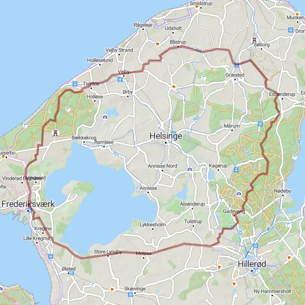 Map miniature of "Frøbakke and Maglehøj Gravel Route" cycling inspiration in Hovedstaden, Denmark. Generated by Tarmacs.app cycling route planner