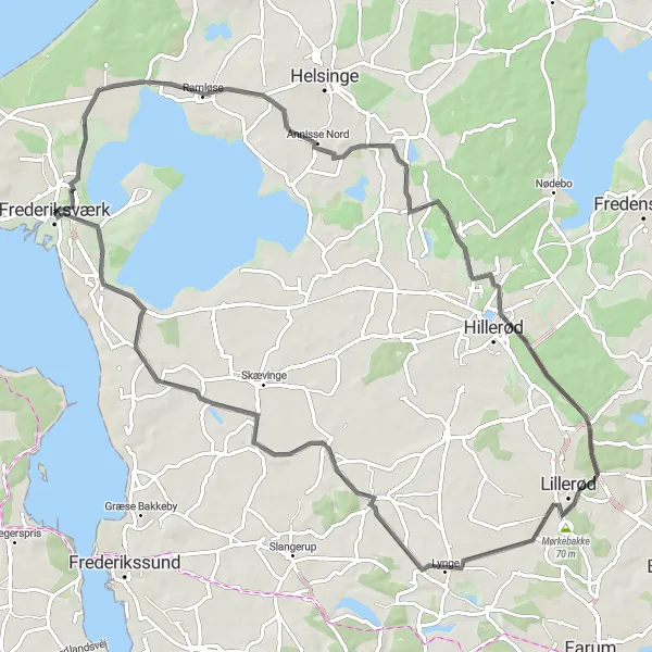 Map miniature of "Ramløse and Hillerød Loop" cycling inspiration in Hovedstaden, Denmark. Generated by Tarmacs.app cycling route planner