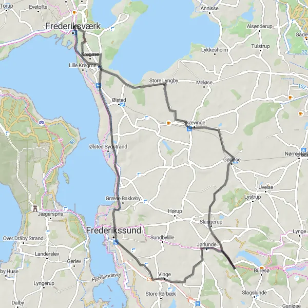 Map miniature of "Store Lyngby and Frederikssund Loop" cycling inspiration in Hovedstaden, Denmark. Generated by Tarmacs.app cycling route planner