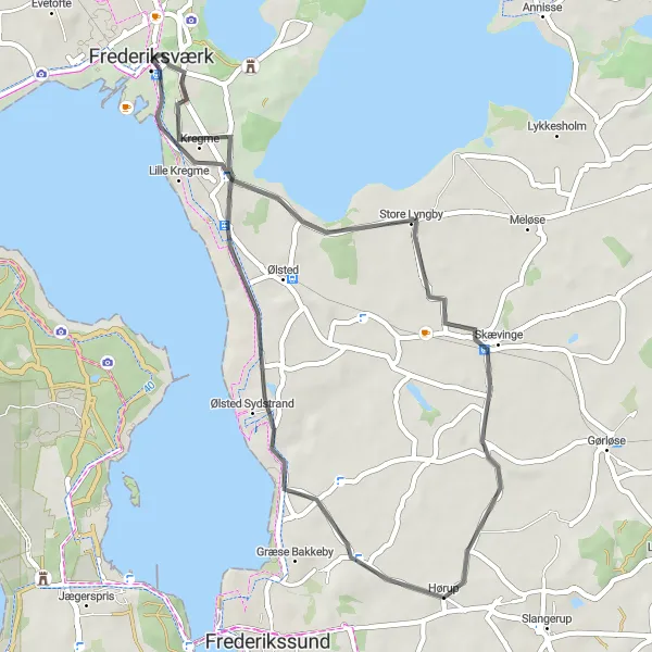 Map miniature of "Skævinge and Ølsted Sydstrand Loop" cycling inspiration in Hovedstaden, Denmark. Generated by Tarmacs.app cycling route planner