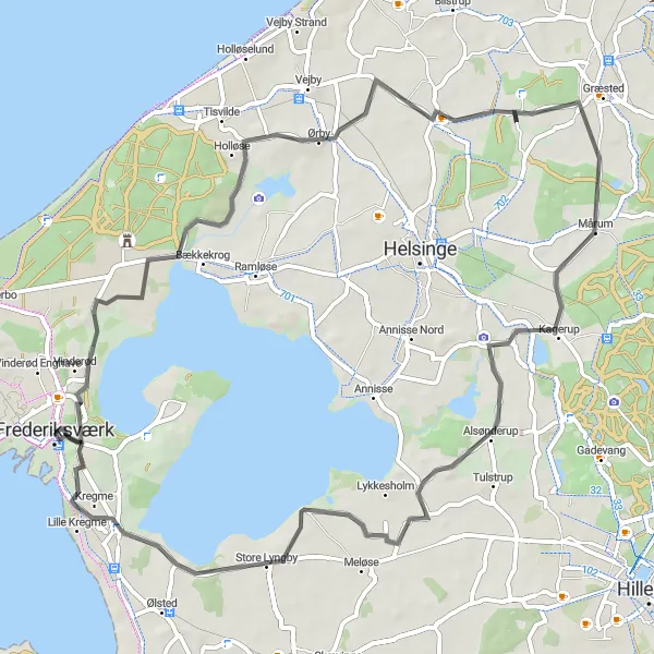 Map miniature of "Arresødal and Maglehøj Road Route" cycling inspiration in Hovedstaden, Denmark. Generated by Tarmacs.app cycling route planner