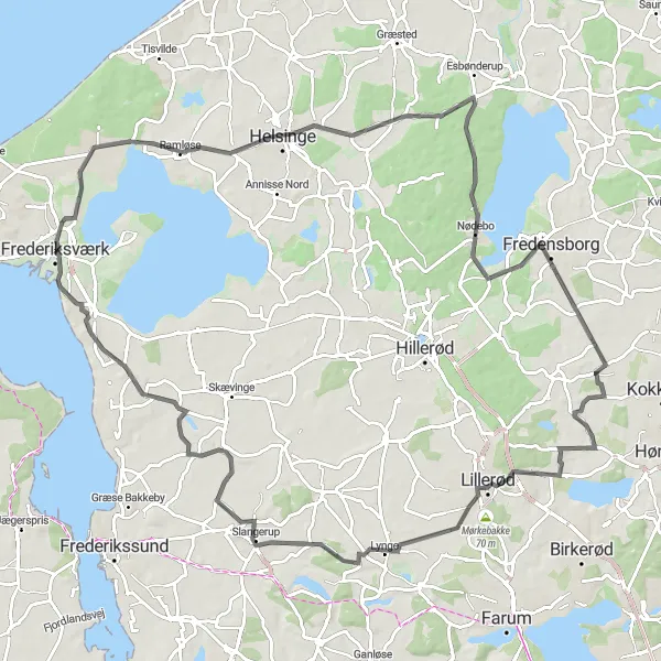 Map miniature of "Helsinge and Fredensborg Palace Tour" cycling inspiration in Hovedstaden, Denmark. Generated by Tarmacs.app cycling route planner