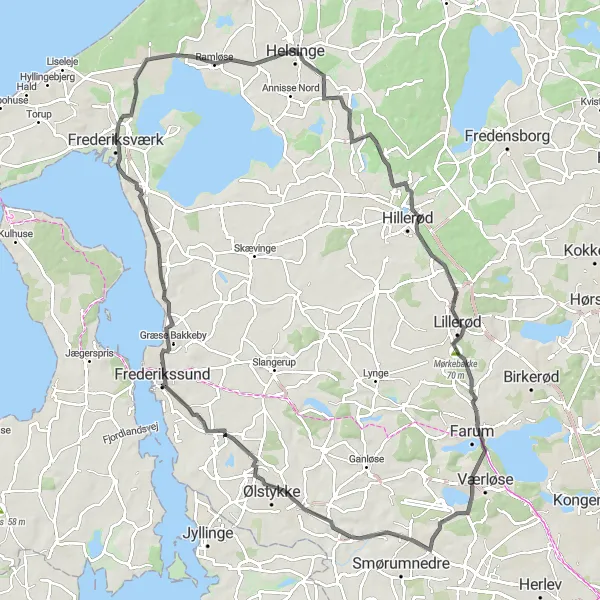 Map miniature of "Helsinge to Frederikssund Road Route" cycling inspiration in Hovedstaden, Denmark. Generated by Tarmacs.app cycling route planner