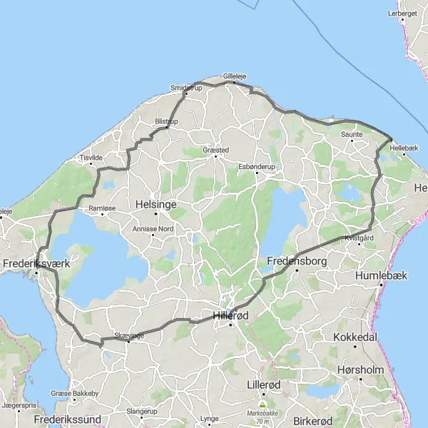 Map miniature of "Vinderød and Hornbæk Cycling Adventure" cycling inspiration in Hovedstaden, Denmark. Generated by Tarmacs.app cycling route planner