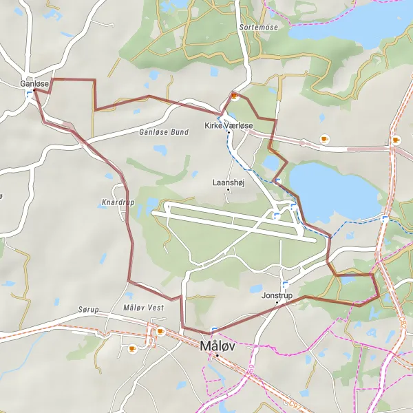 Map miniature of "Ganløse to Måløv Gravel Route" cycling inspiration in Hovedstaden, Denmark. Generated by Tarmacs.app cycling route planner