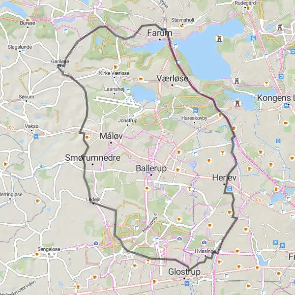 Map miniature of "Farum Loop" cycling inspiration in Hovedstaden, Denmark. Generated by Tarmacs.app cycling route planner