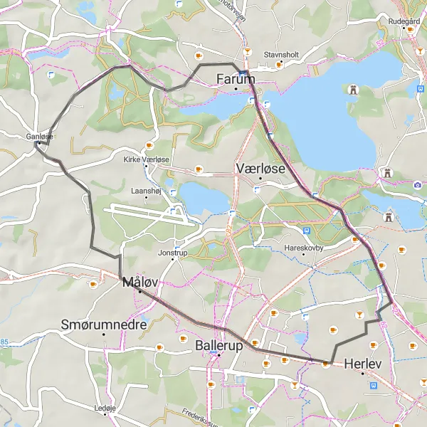 Map miniature of "Farum to Knardrup Road Route" cycling inspiration in Hovedstaden, Denmark. Generated by Tarmacs.app cycling route planner